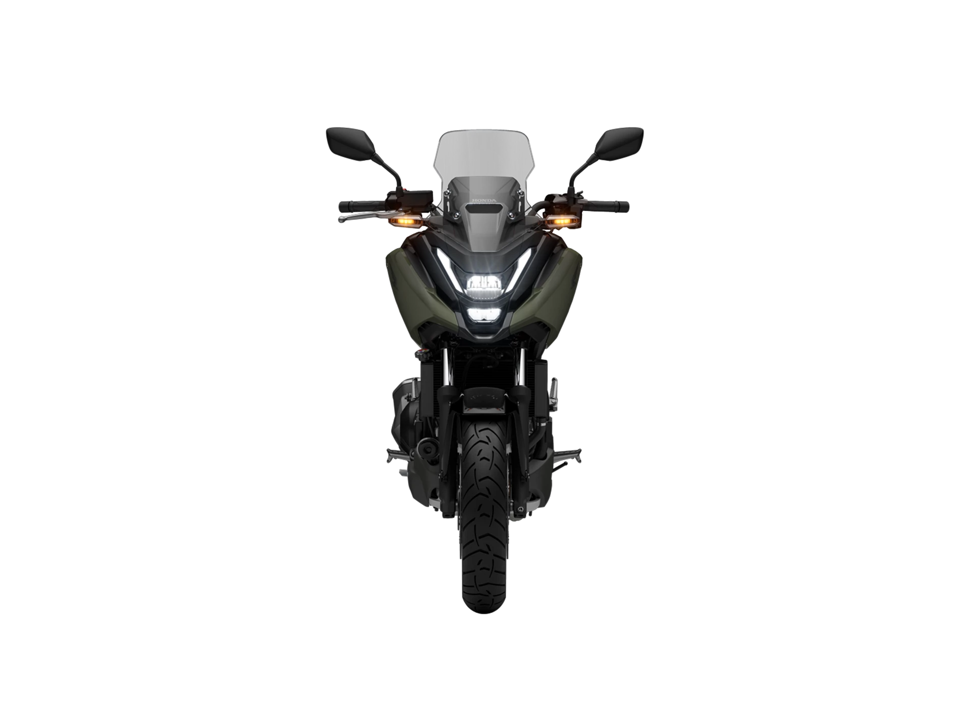 25YM NC750X EARTH KHAKI DCT Front With Light On (High Beam)